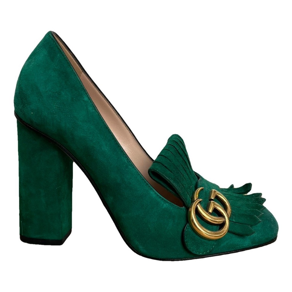 Gucci Green Suede Fringed Block Heel Pumps with Gold Double G - Picture 3 of 11